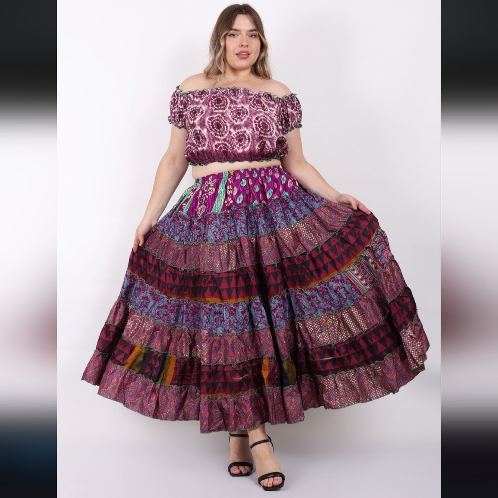 Upcycled One Size Bohemian Patchwork Maxi Skirt